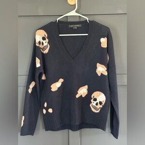Skull Cashmere Deep Navy and Tan V-Neck Skull 💀 Sweater- 100% Cashmere